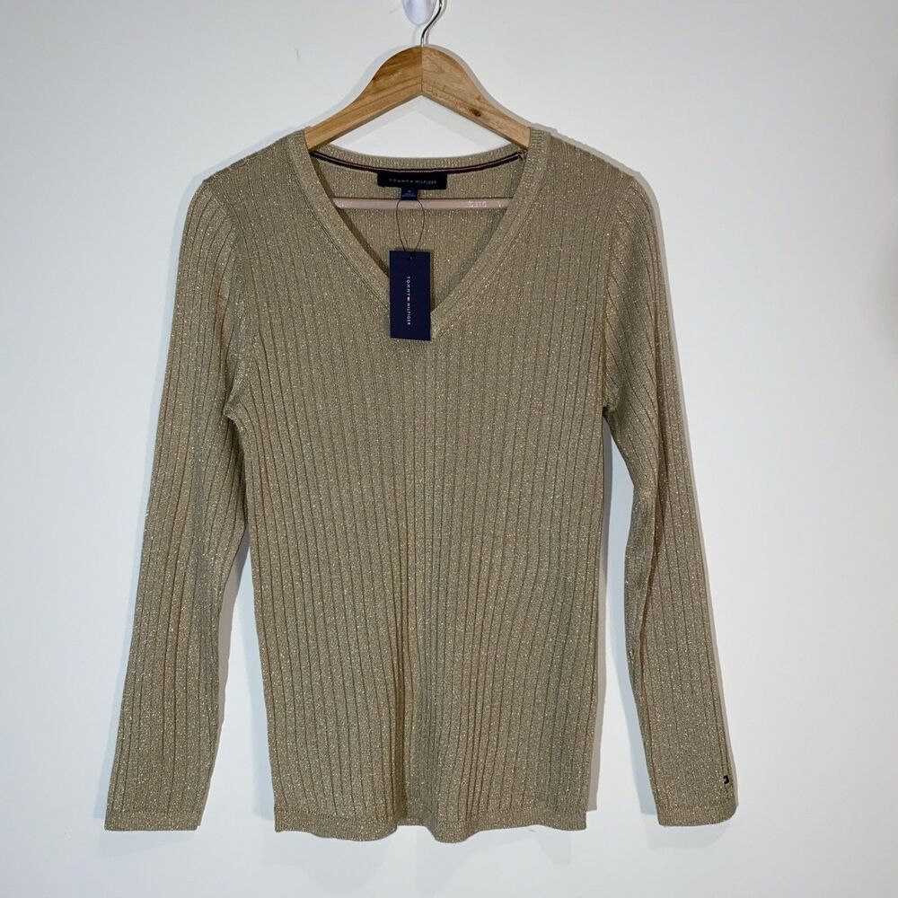 Tommy Hilfiger Women V-Neck Pullover Sweater M Gold Metallic Solid Long-Sleeved